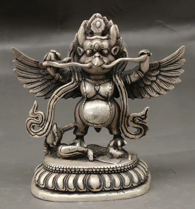 

Tibet Protector Deity Silver Redpoll Winged Garuda Bird Eagle Buddha Statue