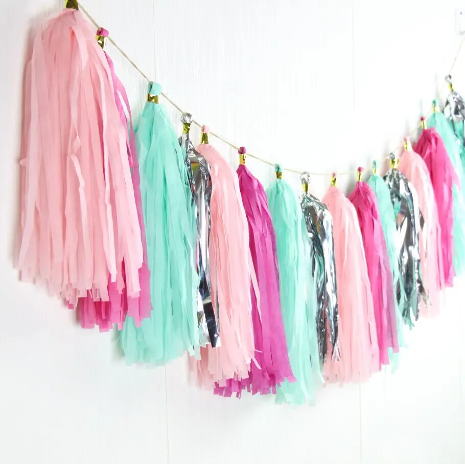 Coloured Hanging Tassel Garland, Pink. Mint, Fuchsia, Gold Silver Foil