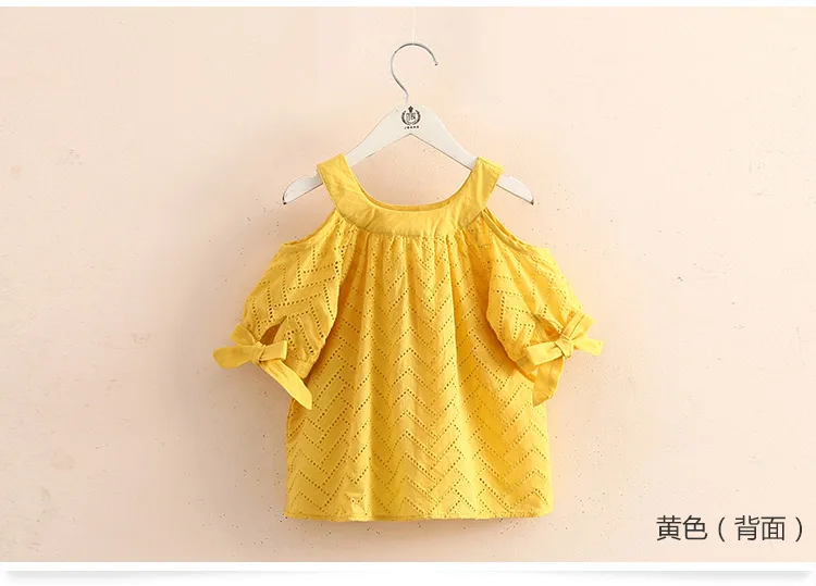 2018 Summer 2-10 Years Children Cotton Solid Color Off Shoulder Strapless Hollow Out Wave Little Sexy Kids Girl Dress Blouse (3)