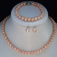 Женские изысканные 8-9 мм AAA розовый морской жемчуг Жемчужное ожерелье браслет серьги наборы слово mujer для 925 Серебряные высококачественные ювелирные изделия природа