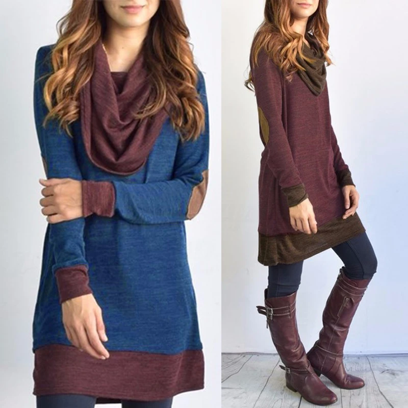 BBYES Women's Long Sleeve Pullover Patchwork Ladies Long Tops Cowl Neck Casual Cotton and Polyester Autumn/Winter Blouse