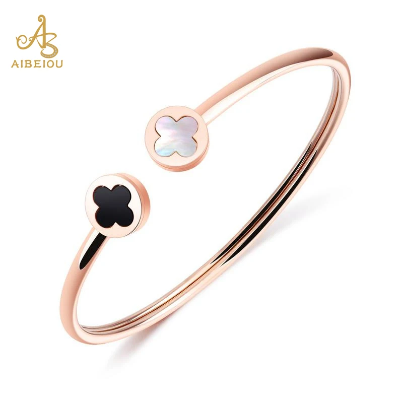 

Aibeiou rose gold stainless steel lucky Four Leaf Clover crystal setting bangle for women
