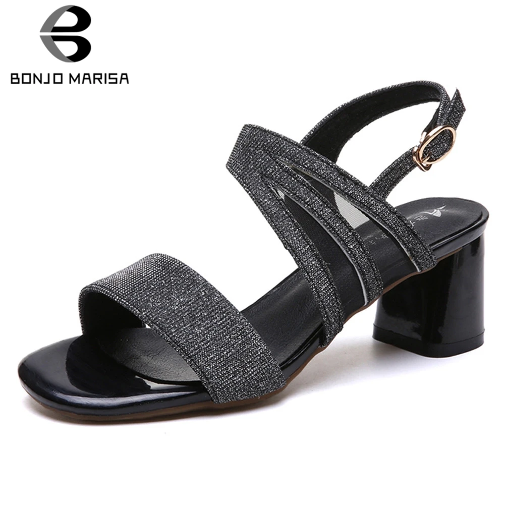 

BONJOMARISA New Dropship Hot Sale Black Sandals Women 2019 Summer High Heels Women Elegant Shoes Woman Glitters