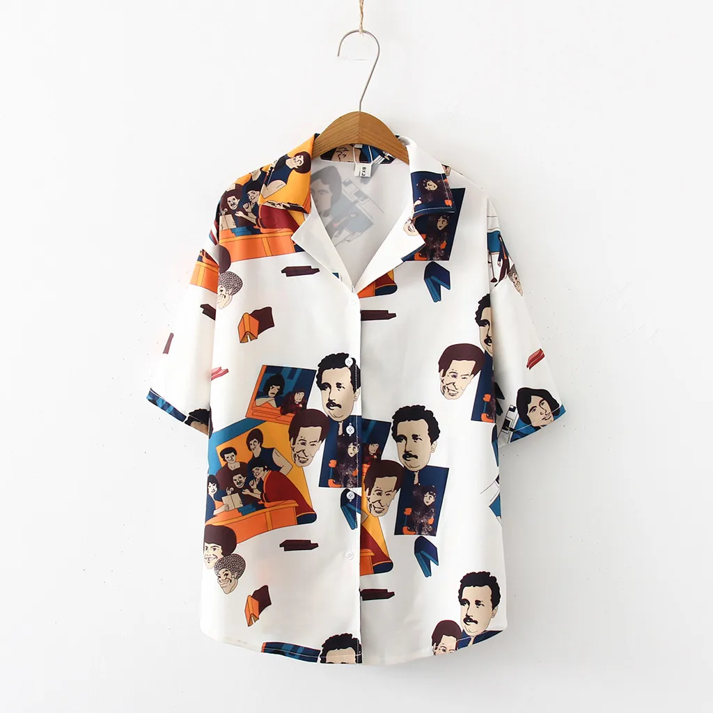 

feitong Women Hawaiian Shirt Blouse Tops Fashion Short Sleeve Vintage Print Korean Shirt Casual Loose Blouse Shirt Blusas Camisa