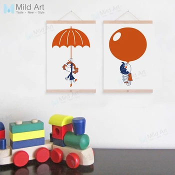 

Kawaii Red Balloon Umbrella Boy Girl Wooden Framed A4 Posters Kids Baby Room Wall Art Pictures Home Decor Canvas Painting Scroll