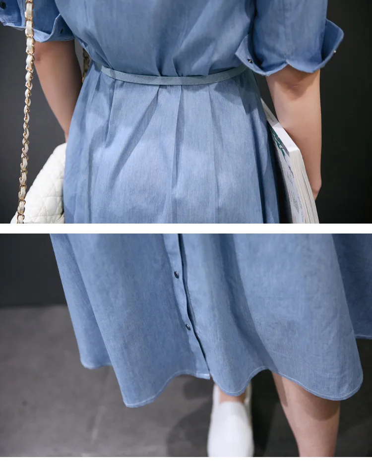  Women's clothing solid color half-sleeved belt slim denim shirt dress ladies fashion casual long section jeans dress (19)