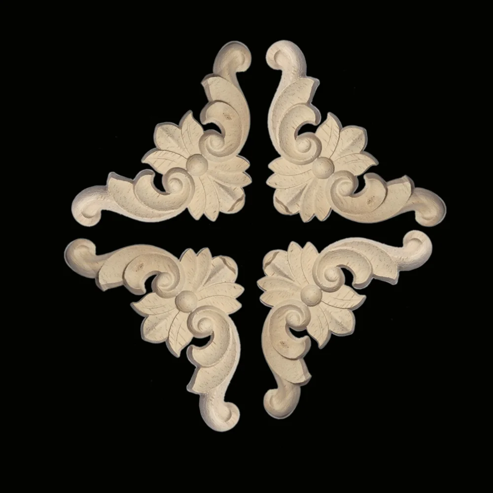 4pcs 8x8cm European Style Wood Carved Corner Onlay Applique Unpainted Furniture Door Decor