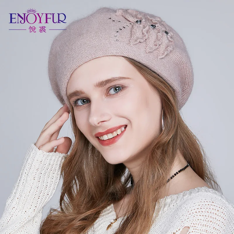 

ENJOYFUR Women Winter Beret Hat Female angora wool knitted berets Patchwork Flower Caps Fashion Rhinestones Thick Gorros