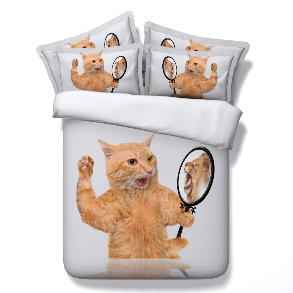 Funny Cat With Mirror Bedding Sets Kids Girls White Bed Linens