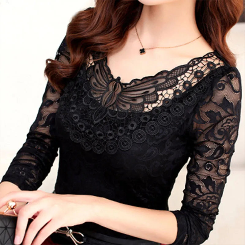 

S-5XL Plus Size Spring Summer Fashion Women Elegant Black Lace Blouse Shirt Long Sleeve Sexy Top Women Plus Size Clothing DF2313