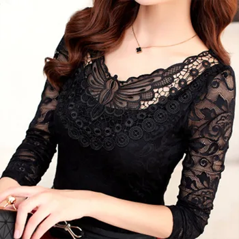 

S-5XL Plus Size Spring Summer Fashion Women Elegant Black Lace Blouse Shirt Long Sleeve Sexy Top Women Plus Size Clothing DF2313