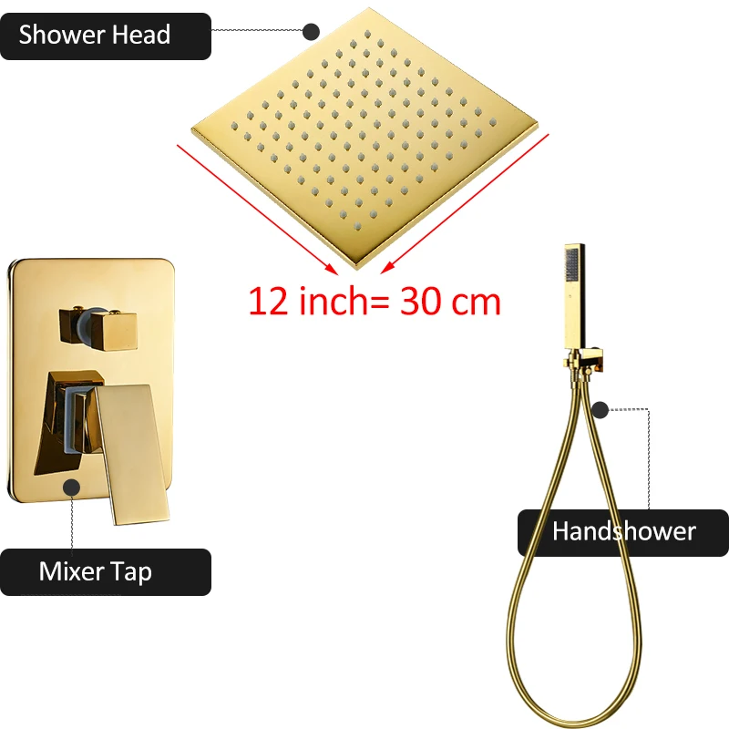 Quyanre светодио дный светодиодный Золотой Душ Набор смесителей осадков Золотой душевая головка одинарная ручка Смеситель кран ванная душ кран настенное крепление - Цвет: 12 inch full set