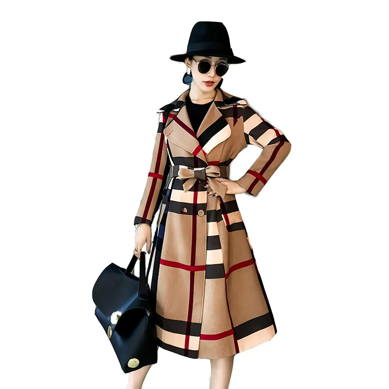 

New Plaid Woman Trench Coats Casual Turn-down Collar Double Breasted Full Women Trench Coat Wide-waisted Print Femme Trench