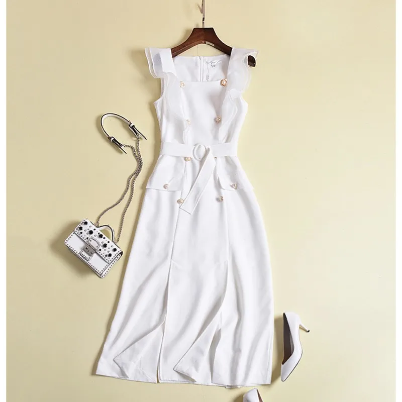 

2018 Euramerican Spring Summer New Fashion Elegant Lady Butterfly Sleeve Slim Fit Double Button Jag High Street High End Dress