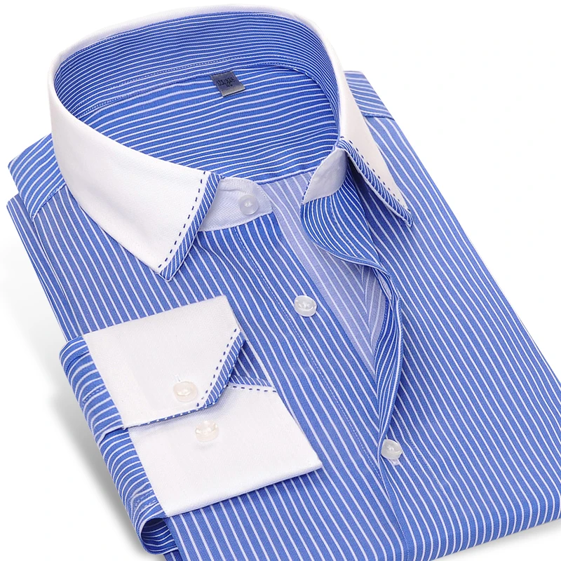 Acheter Hommes de Slim Fit Non Fer Patchwork Point Col Robe Chemise Chic et Décontracté Mâle Facile Soins Rayé Tops Confortable bureau Chemises