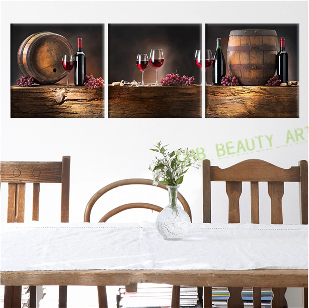 3 Piece Kanvas Wall Art Modern Kanvas Lukisan Merah Anggur Dapur Bar