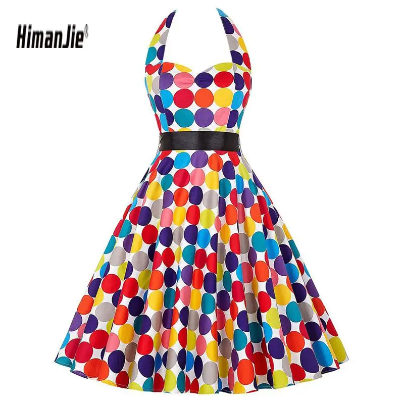 

Retro 50S Hepburn Style Color Polka Dot Print Vintage Dress Women Cotton Rockabilly Sleeveless Halter Swing Party Dresses
