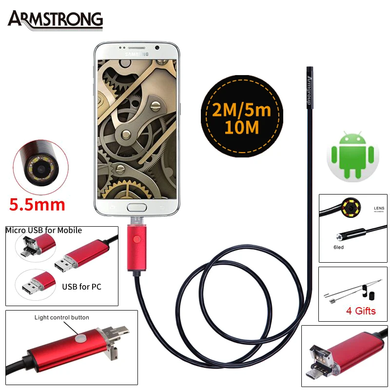 Endoscope 5.5mm Lens 2M 5M 10M USB Endoscope Red 2IN1 Inspection Camera Endoscopio Android OTG Phone Borescope For Android
