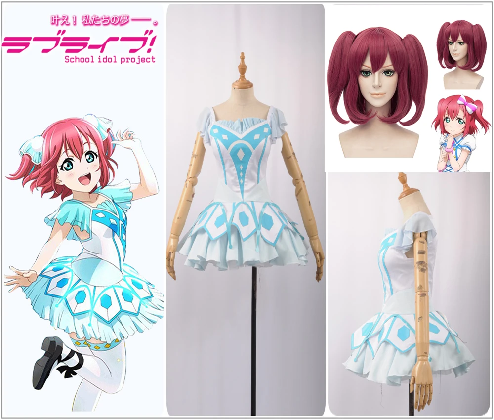 

LoveLive!SunShine!! Aqours Mijyuku Activity Cards Kurosawa Ruby Cosplay Costume Custom Sexy Mini Dress Blue Skirt Hairpin Wig