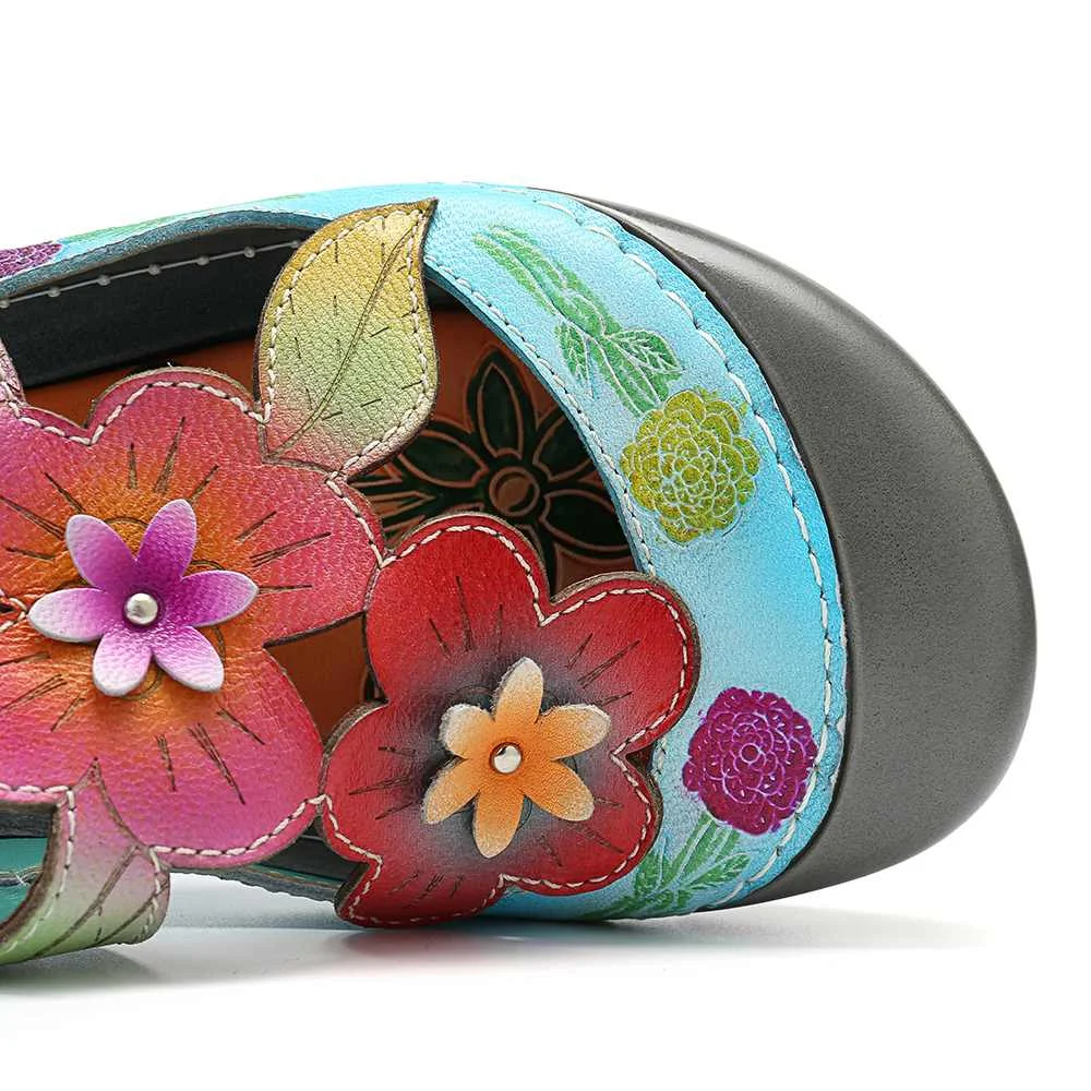 SOCOFY/сандалии из натуральной кожи в стиле ретро с цветочным узором и строчкой; Повседневная Винтажная обувь на плоской подошве; Новинка