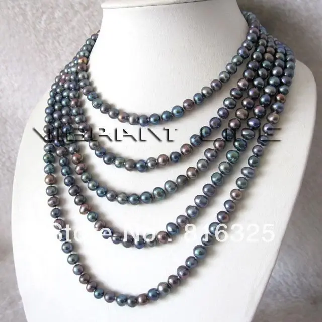 

FREE SHIPPING>> 100" 7-8mm Peacock Freshwater Pearl Strand Necklace Cultured