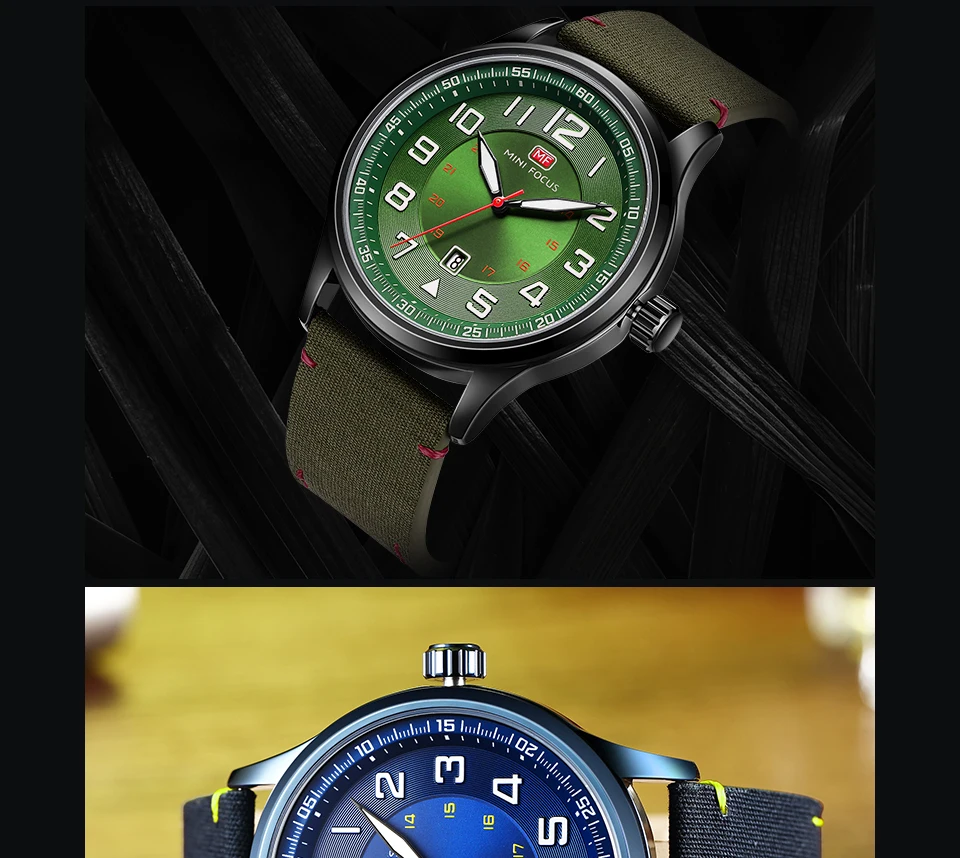 MINIFOCUS нейлон ремешок кварцевые наручные часы модные Повседневное мужские часы военный спортивные Зеленый Черный часы для мужчин