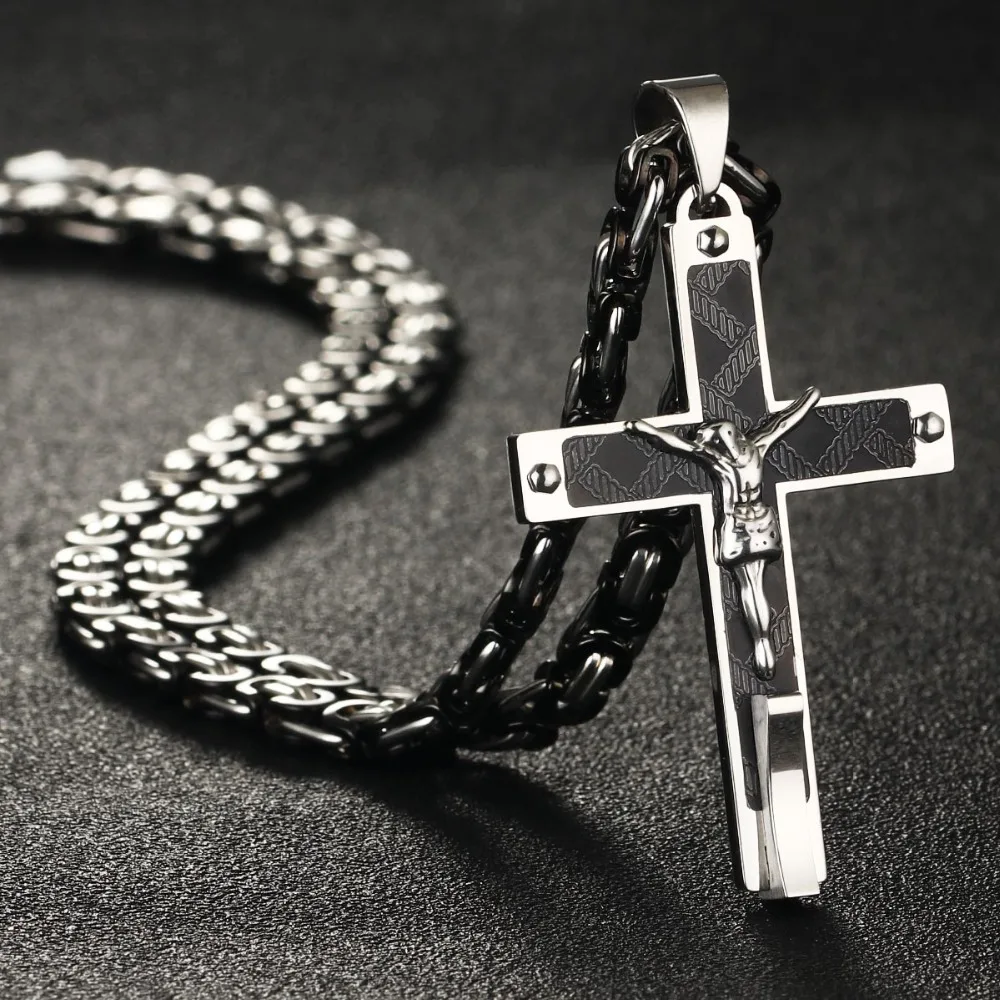 

Male Byzantine Chain Necklaces Stainless Steel Crucifix Cross Pendant Necklace JESUS Piece 22-28" Long Men Jewelry Gifts NC015