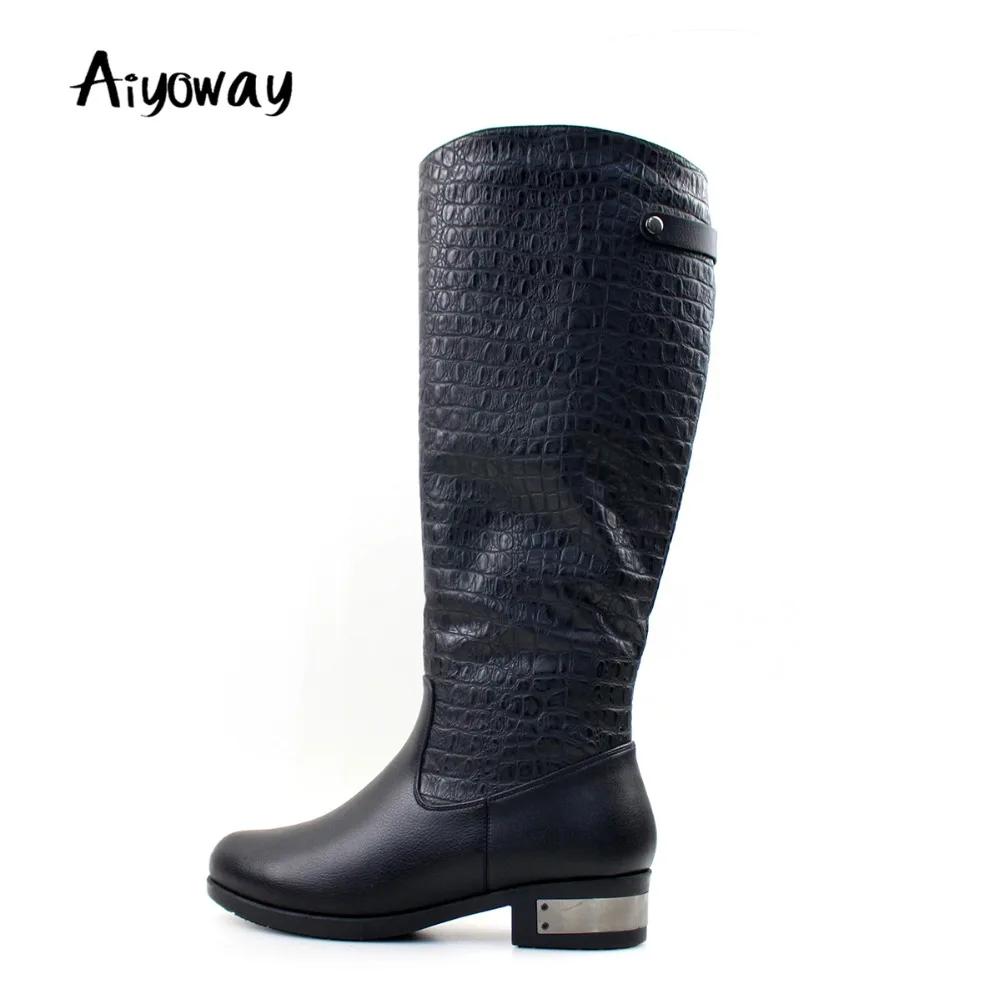 

Aiyoway Women Ladies Round Toe Low Heel Knee Boots Crocodile Pattern Fashion Winter Shoes Full Zipper Black Russia Size 36 ~40