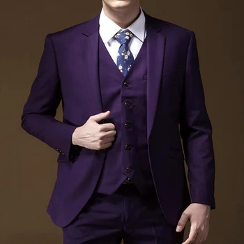 

Purple Slim Fit Men Suits for Wedding Evening Prom Groom Tuxedos Wear 3 Piece Men Suits Jacket Pants Vest Latest Style