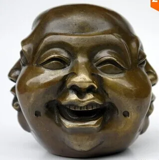 

small bronze statue Maitreya Buddha 4.3" happy sad angry laugh 4 Face carved art