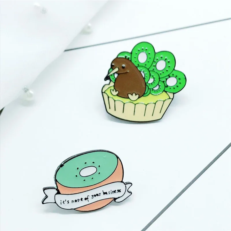 

Cartoon Cut Kiwi Fruit Brooch White Banner it's none of your bu siness Pin kiwi-like Tail Brooch Jewelry Unfolded In The Nest