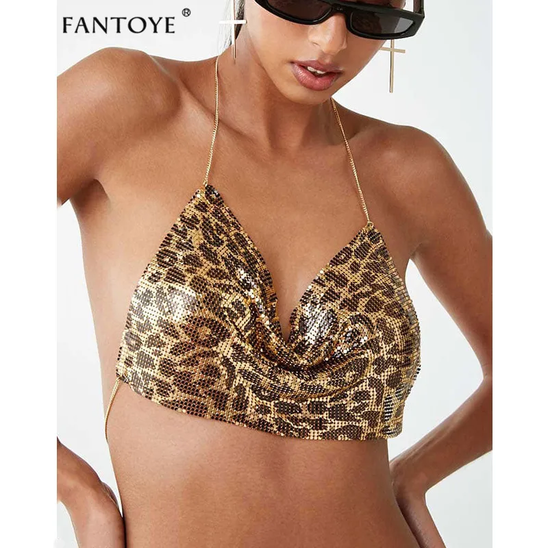

Fantoye Backless Leopard Sequins Women Sexy Crop Tops 2019 Summer Halter Tank Top Camis Backless Night Club Cropped Beachwear