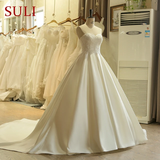 SL-501 Princess Simple Chapel Train Bridal Gowns Corset Embroidery Satin Wedding Dress 2018 3