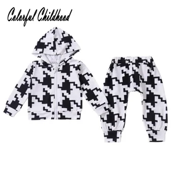 

England style little baby girls clothing set autumn Houndstooth sweatershirt+long pants boys kids sport suit 1-5Yrs