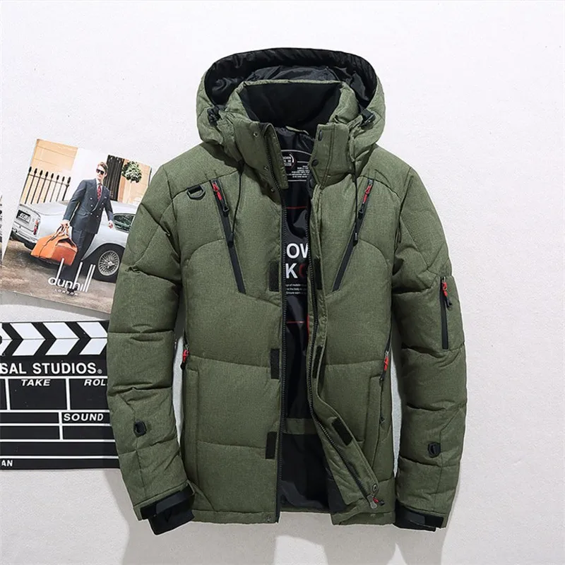 Men's Winter Snow Down Jacket Thick Warm Hooded Coats Casual Slim White Duck Down Jacket Waterproof Windproof Down Parkas - Color: Army green