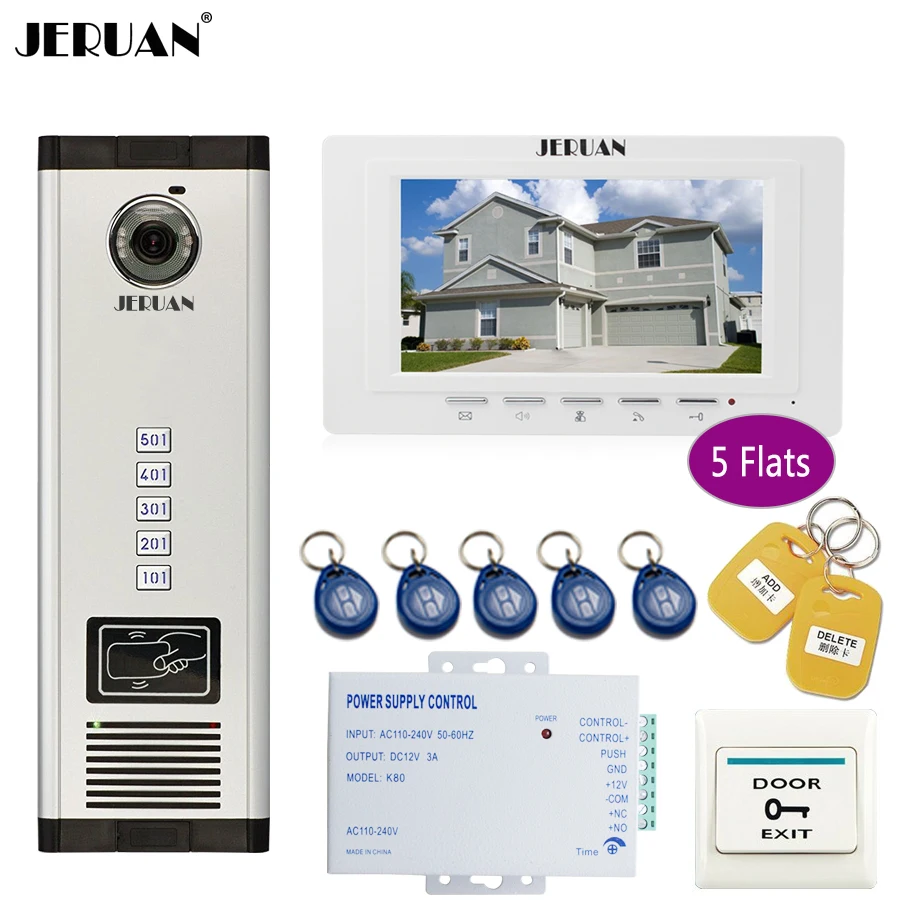 

JERUAN luxury 7`` LCD Monitor 700TVL Camera Apartment video door phone 5 kit+Access Control Home Security Kit+free shipping