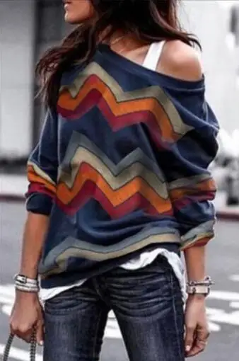 

Women Wave snake Off Shoulder Blouse Thin section sweater Boho Summer Stretch Loose Long Sleeve Shirts Jumper Blouses Tops