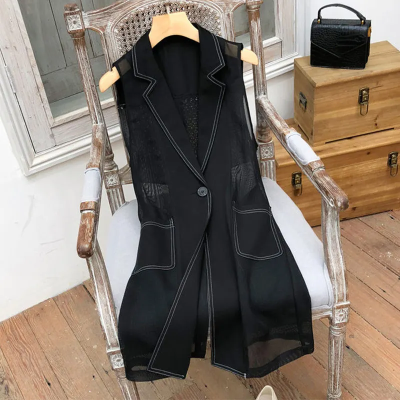 

Black Chiffon Mesh Notched Long Vest Female Plus Size Summer Patchwork Vests Women 2019 Office Lady Slim Women's Outwear