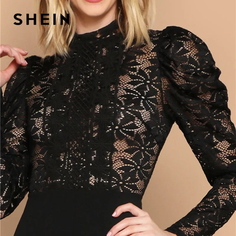 SHEIN Кружевной Комбинезон С Узлом Без Бюстгальтера Женский Черный Элегантный Комбинезон С Длинными Рукавами