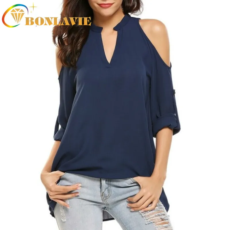 

Women Blouse V-Neck Long Sleeve Casual Plus Size Tops Chiffon Loose Solid Color Blouse Off Shoulder Elegant