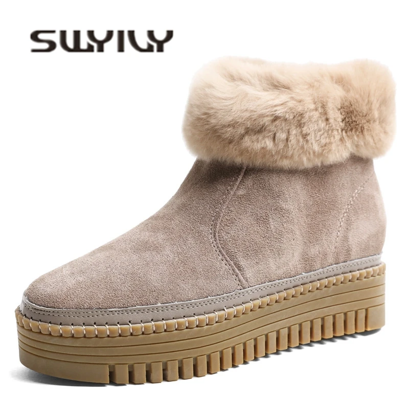 SWYIVY Winter Snow Boots Genuine Leather Woman 2018 Rabbit Fur Female Warm Winter Boots Platform Slip On Wedge Plush Snowboots