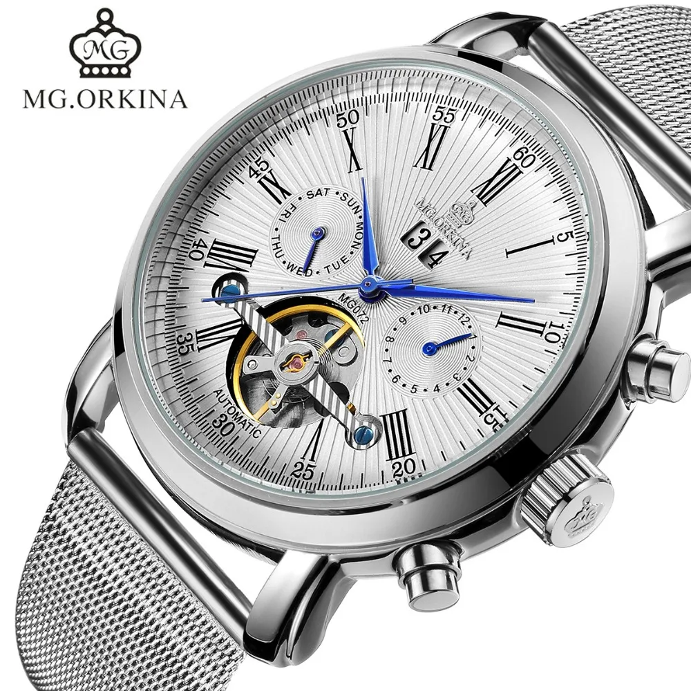 silver steel white automatic watch men-3