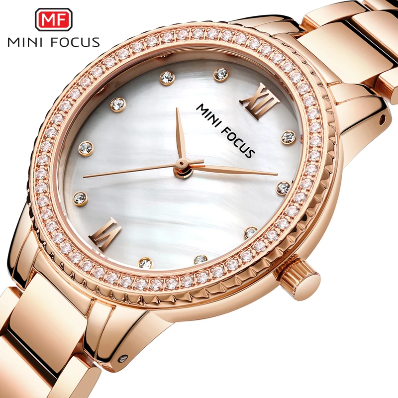 MINI FOCUS Women's Simple Dress Quartz Watches Luxury Stainless Steel Wristwatch Waterproof Relogios Lady Woman Clock 0226L Rose