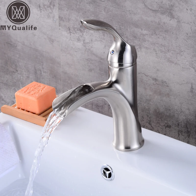 

Brushed Nickel Waterfall Spout Bathroom Vanity Sink Faucet Single Lever One Hole Hot and Cold Washing Taps Free Shipping