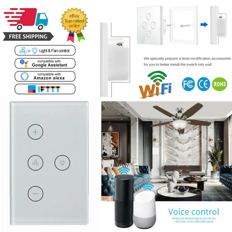 

WiFi Smart Ceiling Fan Switch Compatible Touch Panel For Google Alexa Control US