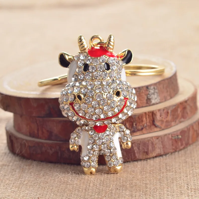 

High Quality Diy Car Keychain Ainmal OX Cow Keyring 3D Mini Bag Brelok Rhineshone Enamel Elegant Chaveiro Gift for Gril Women