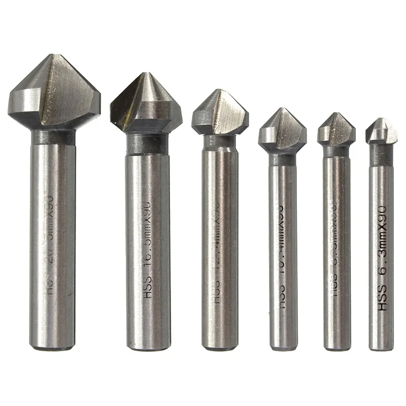 

6PCS/Set Durable Round Shank 3 Flute 90 Degree HSS 4241 Chamfering Cutter End Mill Countersink Drill Bits wd02