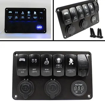 

6 Gang 12V Rocker Switch Panel with Cigarette Lighter Socket Car Marine Boat LED Waterproof