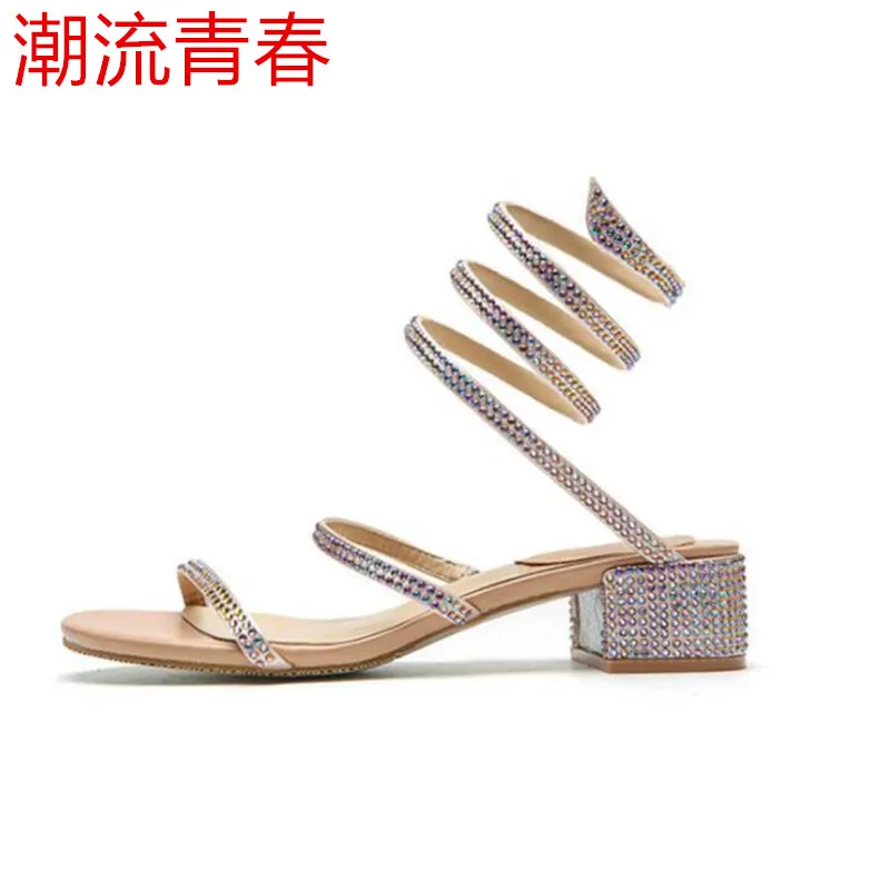 

2019 Fashion summer style Thick Heel gladiator sandals women Flat Sandals Snake Punk Rhinestone Women Sandals Wedding shoes