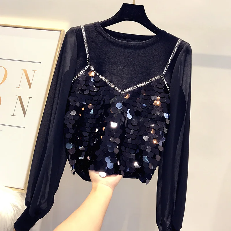 

MUMUZI 2019 chic sequins chiffon blouse fake two-pieces set blouse female chiffon long-sleeved spring new all match black shirt